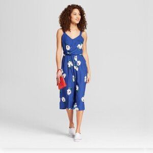 2/$30 a new day Floral Print  Twist Front Jumpsuit Blue Large #A0615 TRB3